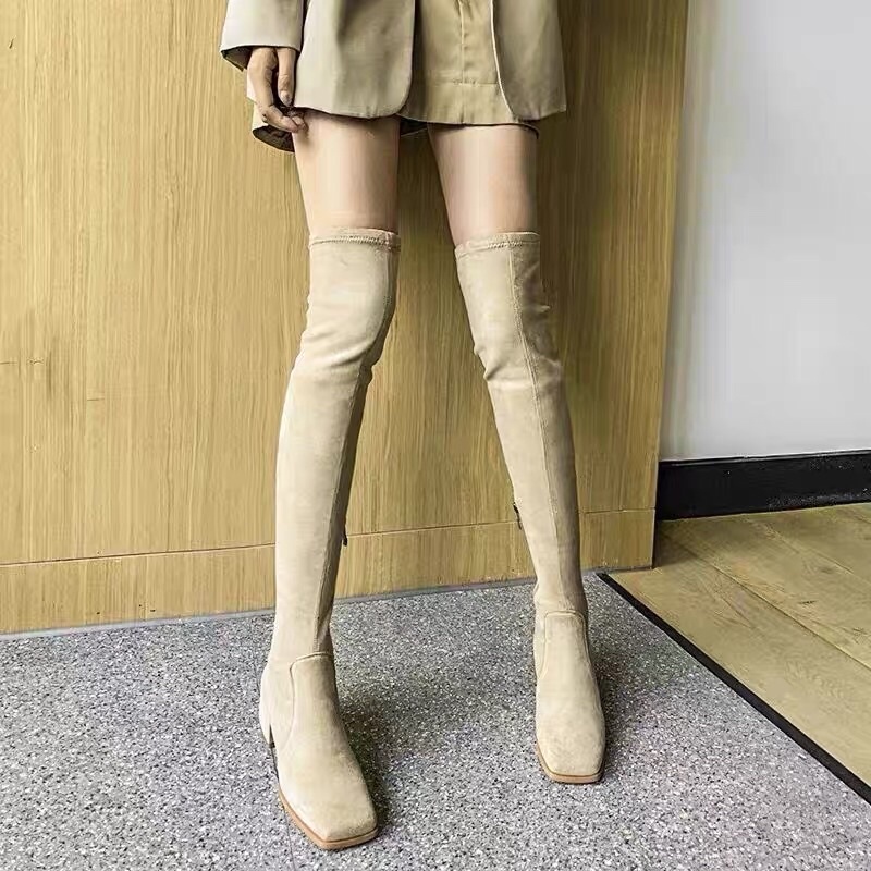 Bốt đùi nữ da lộn lót lông mũi vuông gót cao 5cm có khoá cạnh