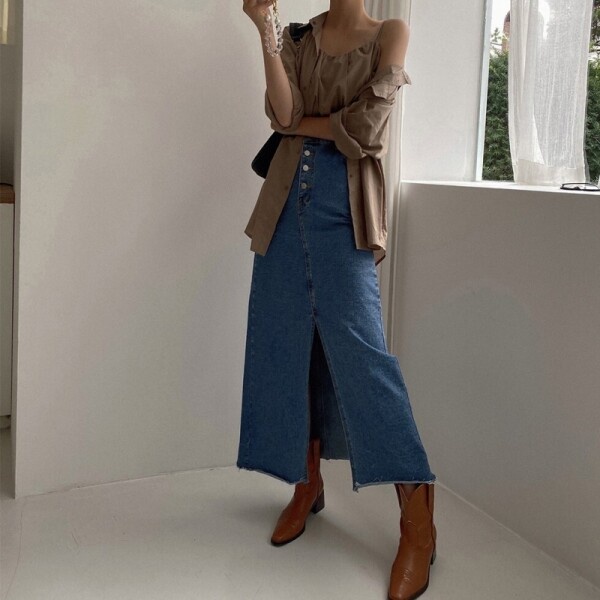 Chân Váy Bò Dài Ribe Maxi Denim Skirt LOOKNONE