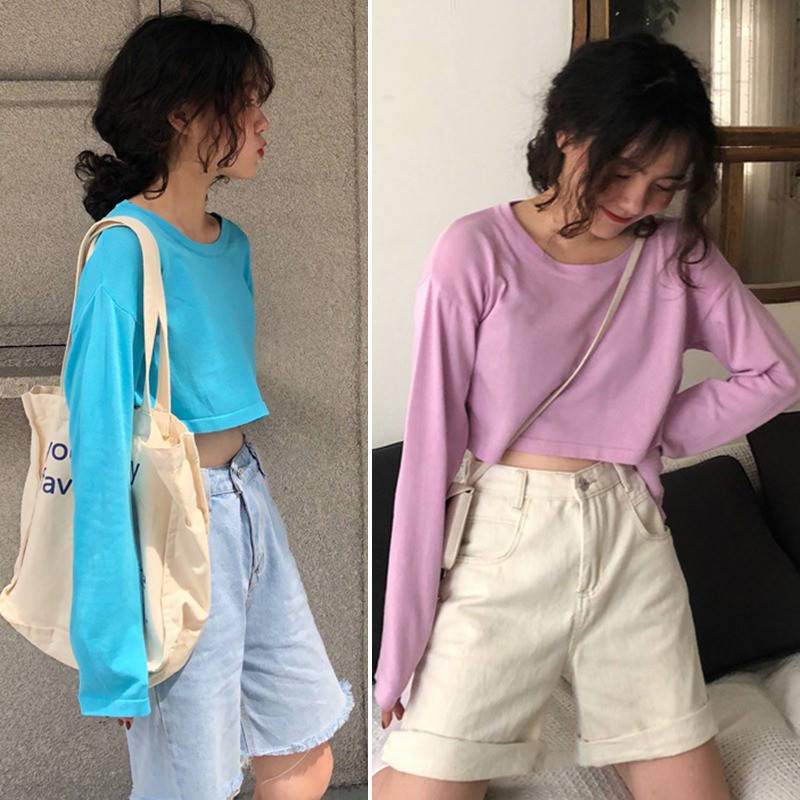 Women's Round Neck T-Shirt Long Sleeve Tops Purea Color Loose Fit Pullover Blouse | BigBuy360 - bigbuy360.vn
