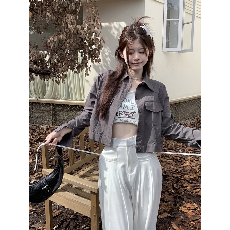 Áo croptop sát nách/ Áo khoác sơ mi tay dài dáng rộng phong cách Hàn Quốc thời trang dành cho nữ