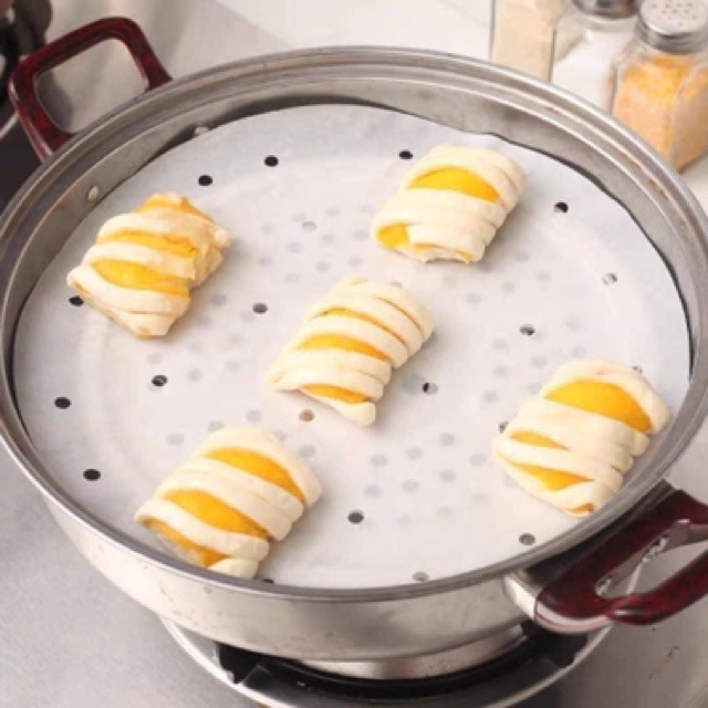 Giấy nến cho nồi chiên không nướng bánh làm bánh tập 100 tờ giấy thấm dầu đục lỗ tròn tặng bình xịt dầu MiibooShi MB28