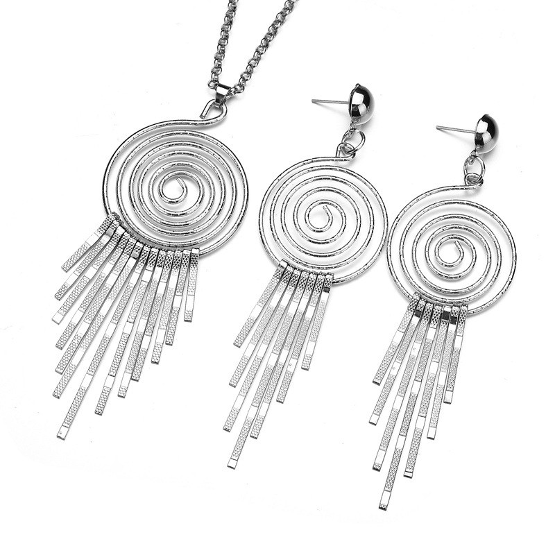 Bộ trang sức vintage xoắn tròn tua dua bạc