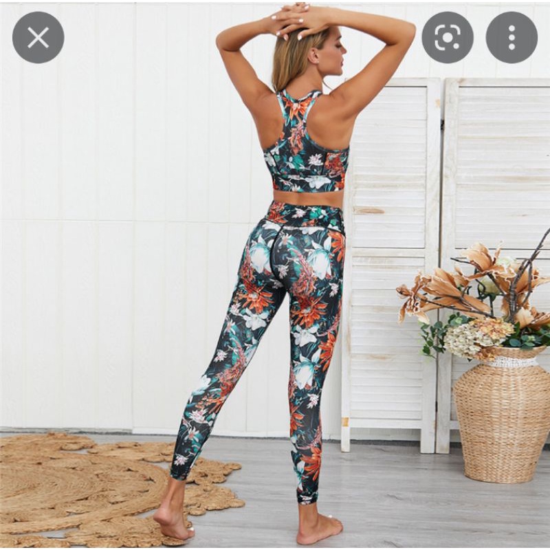 Set bộ tập gym nữ VNXK set sport bra yoga quần in hoạ tiết hoa cúc nhiệt đới xuất khẩu dư xịn