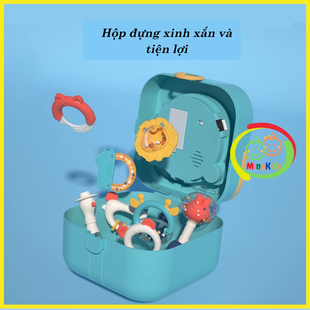 Bộ Đồ Chơi Xúc Xắc Cho Bé Sơ Sinh Lục Lạc Gặm Nướu Hộp Gấu Cao Cấp 10 Món XX11