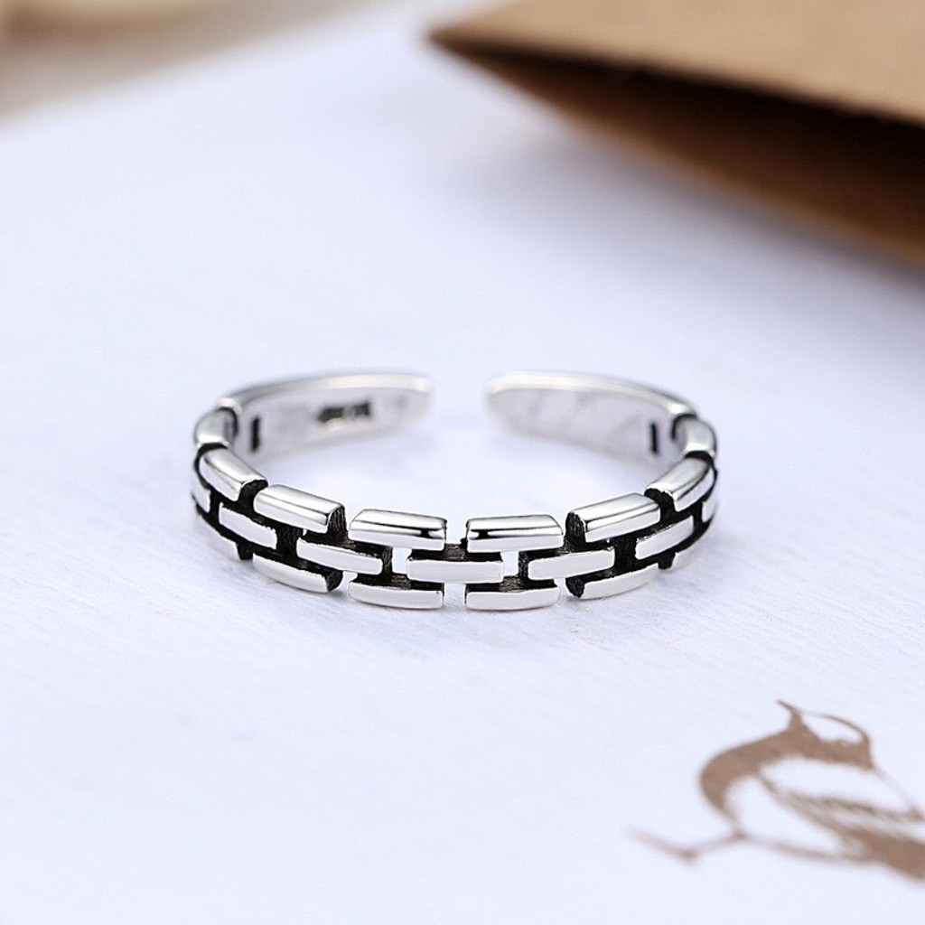 Nhẫn nam nữ mạ bạc 925, Nhẫn nữ hình chữ nhật khâu rỗng phong cách thanh lịch sang trọng, Unisex, Cá tính, 1 chiếc