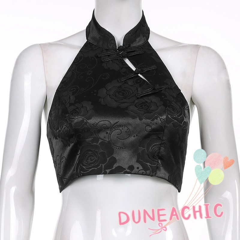 DUNEA Áo không tay hoạ tiết in nổi thiết kế hở lưng quyến rũ thời trang dành cho nữ