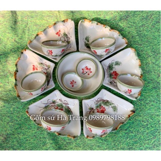 Bộ đồ ăn hoa mặt trời gốm sứ Bát Tràng cao cấp vẽ hoạ tiết sen đỏ