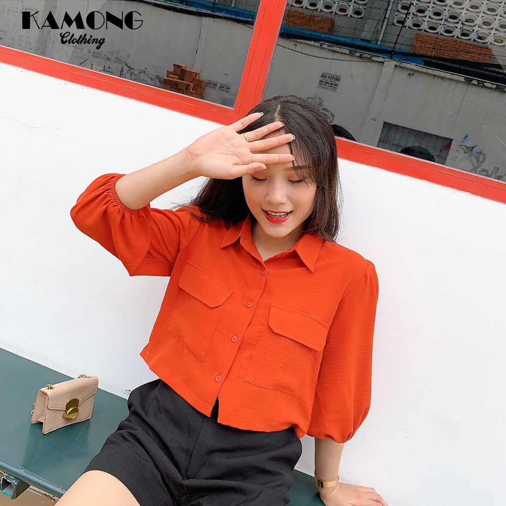 Áo sơ mi croptop túi hộp KAMONG A023