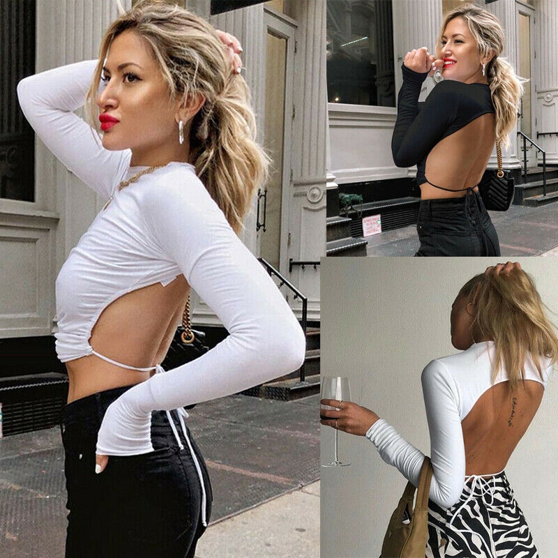 Áo Croptop Tay Dài Phối Lưới Thiết Kế Hở Lưng Quyến Rũ
