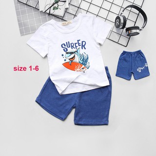 Bộ thun bé trai ngắn tay in chữ surfer hình cá mập