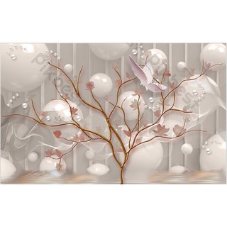 Tranh dán tường 3d trang trí phòng hiện đại, tranh hoa đào và ngọc trai (tích hợp sẵn keo) MS1135866