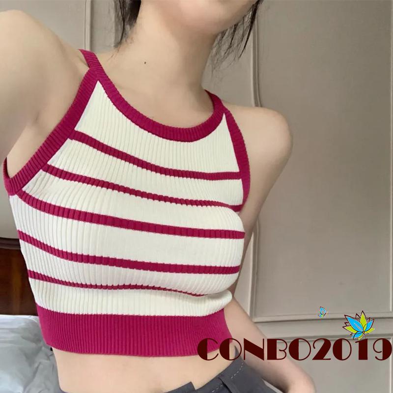 Áo Croptop Dệt Kim Không Tay Cổ Tròn Họa Tiết Kẻ Sọc Vintage Cho Nữ