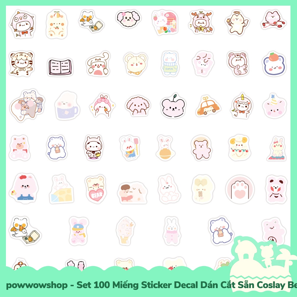 [Sẵn VN - Hỏa Tốc] Set 100 Miếng Sticker Decal Cắt Sẵn DIY Dán Trang Trí Vật Dụng Mẫu Cosplay Cute Bear Babie