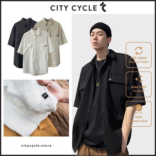  Áo sơ mi cộc tay đũi unisex City Cycle áo đũi nam nữ phong cách Hàn Quốc