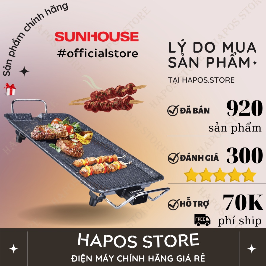 Bếp nướng điện Sunhouse công suất cao, làm nóng nhanh, vỉ nướng chống dính đa năng thịt BBQ, rau củ - Chính hãng - HAPOS