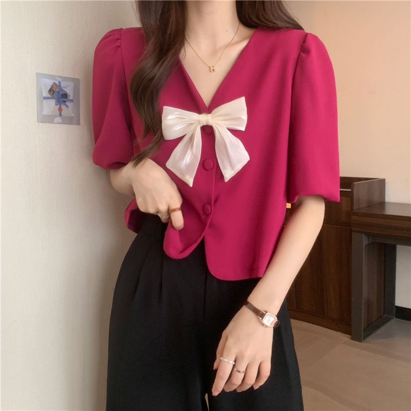 Áo Sơ Mi Ngắn Cổ Chữ v Thắt Nơ Dành Cho Nữ  tao bao