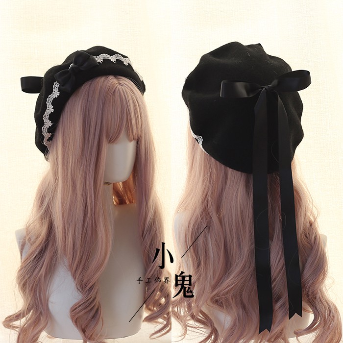 Mũ Nồi Len Phối Ren Đính Nơ Thủ Công Kiểu lolita Nhật Bản Thời Trang Thu Đông Ấm Áp Cho Nữ
