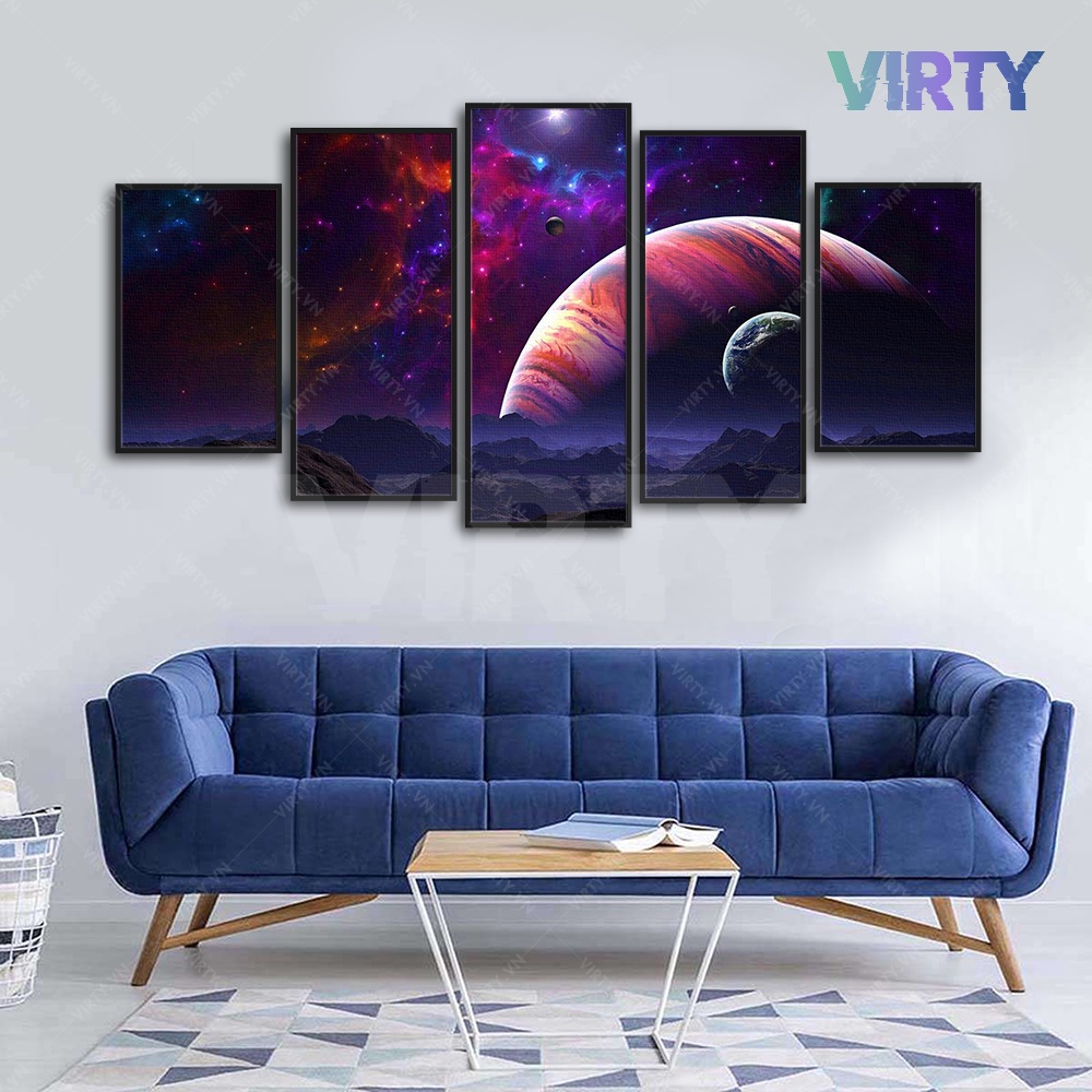 Bộ 5 Tranh treo tường không gian vũ trụ phi hành gia kèm khung composite VIRTY Tranh Canvas decor phòng ngủ SPACE