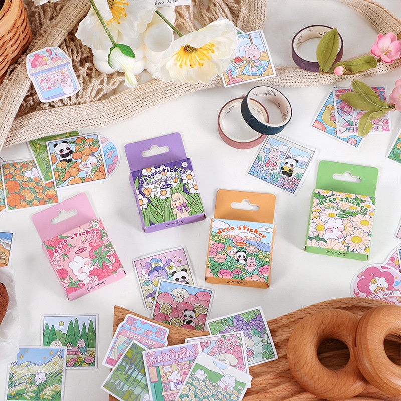 Set 46 Miếng Dán Hình Thỏ / Gấu Trúc Dễ Thương Trang Trí Sổ Tay Nghệ Thuật