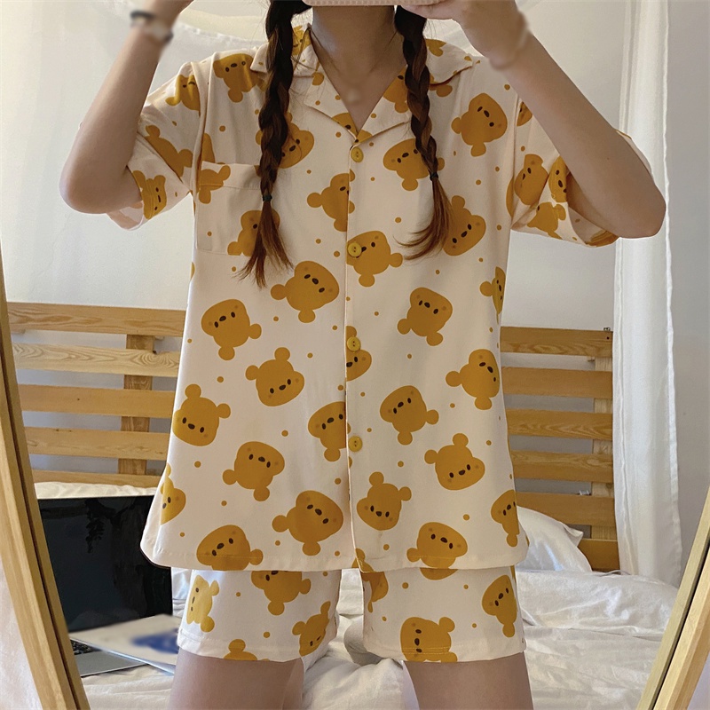 Bộ đồ ngủ ngắn tay in họa tiết hoạt hình độc đáo phong cách Hàn Quốc thời trang mùa hè cho nữ
