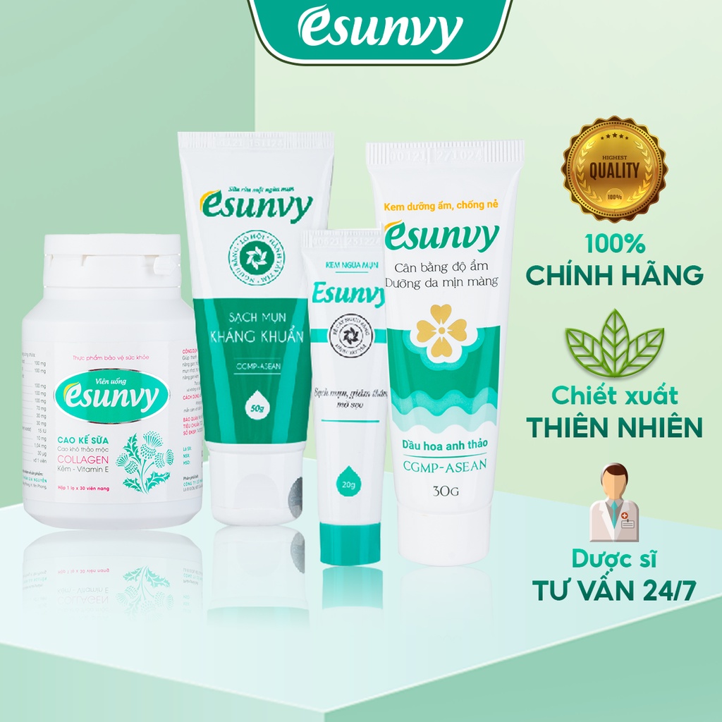 Bộ Chăm Sóc Da Mụn Esunvy Với 4 Bước Cơ Bản - Giúp Sạch Mụn, Hết Thâm, Mờ Sẹo, Lành Tính, Hiệu Quả CSDMCB