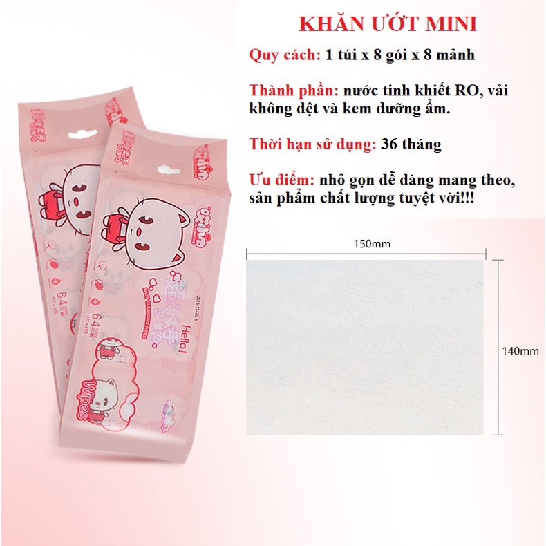 Khăn ướt mini, khăn ướt cao cấp nhỏ gọn dễ dàng mang theo vào túi và ví loại 1 túi x 8 gói x 8 miếng BHTT39