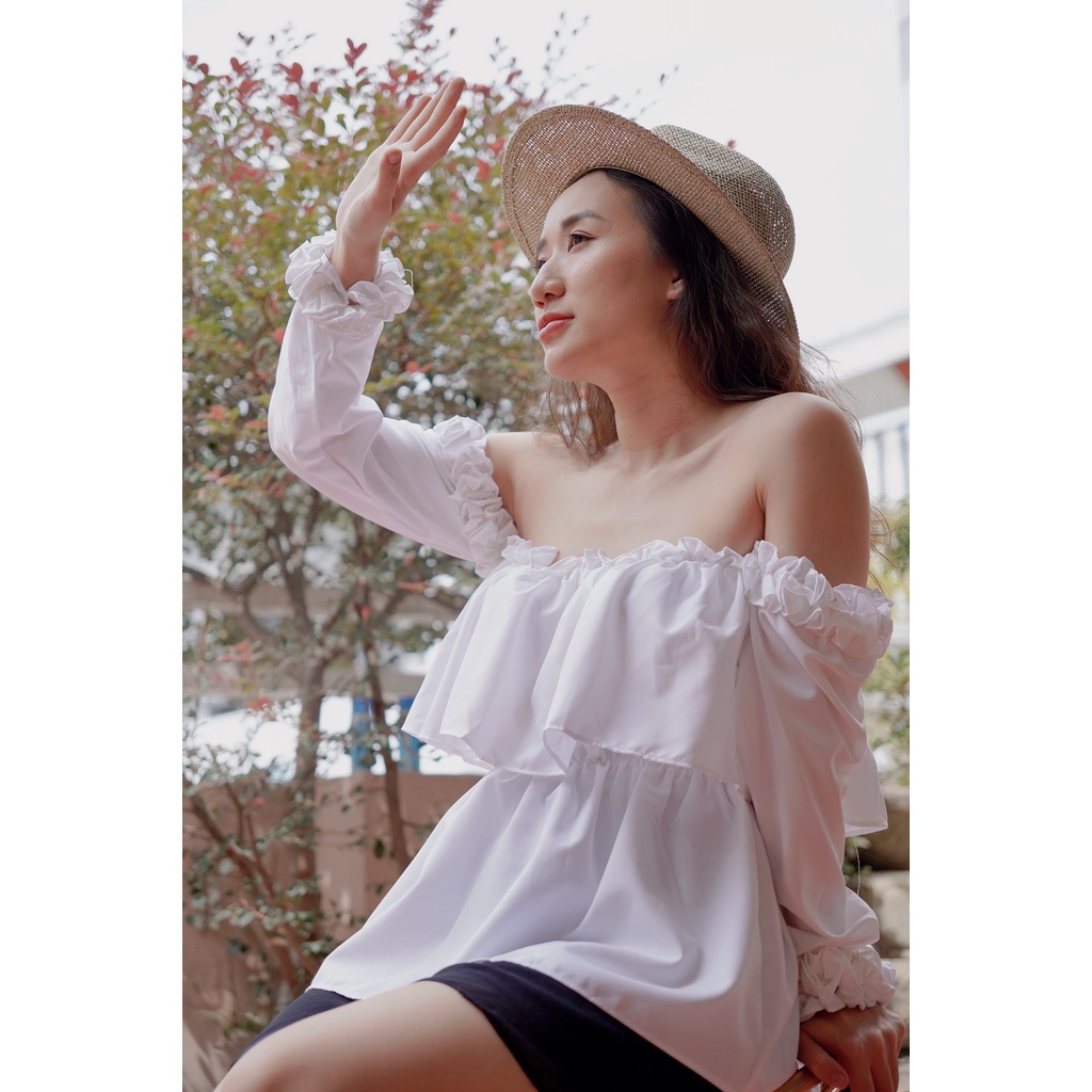Áo Trễ Vai Tay Dài Tầng Bèo Lửng PULY màu Trắng, Áo bánh bèo Croptop hở vai tay bồng bèo nhún Thiết Kế TN1344