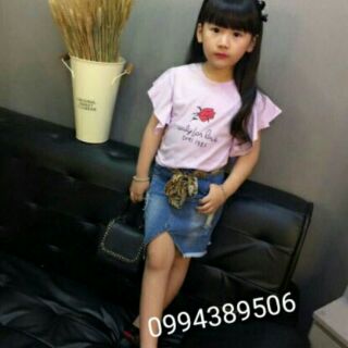 Sét cá tính áo cánh tiên - chân váy bò chéo - dây lưng size 2-7t