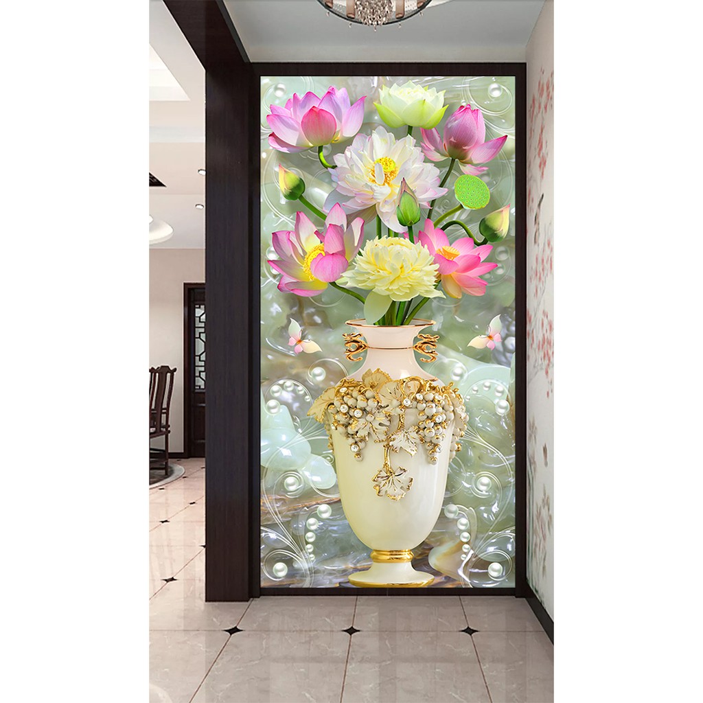 Tranh dán tường VTC Tranh trang trí bình hoa Sen đẹp UD0547 kim sa