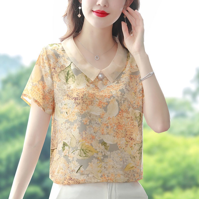 Áo Sơ Mi chiffon Cổ Búp Bê In Họa Tiết Hoa Thời Trang Mùa Hè Cho Nữ Trung Niên