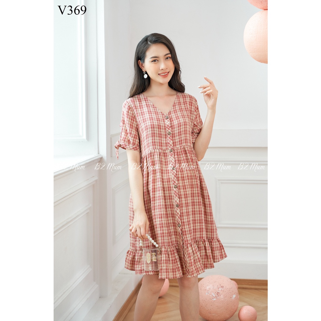 Váy bầu thiết kế Váy kẻ đuôi cá nơ tay đỏ V369 B2MUM