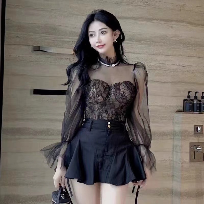 Sexy lưới sợi tinh khiết ham muốn dài tay áo Áo Kiểu Tay Phồng Phối Ren Lưới Ba Chiều Phong Cách Phương Tây Mới Trang chủ