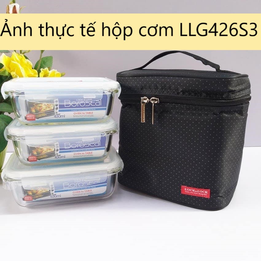 Set hộp cơm văn phòng thủy tinh quay lò vi sóng, lock&lock LLG426S3, gồm 2 hộp 430ml và 1 hộp 530ml kèm túi giữ nhiệt