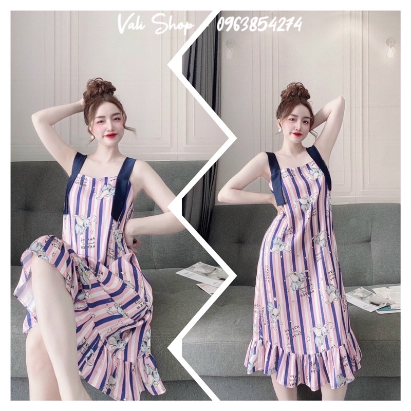 Váy đầm ngủ lụa latin cao cấp 2 dây bảng to đuôi bèo freesize 42-57kg