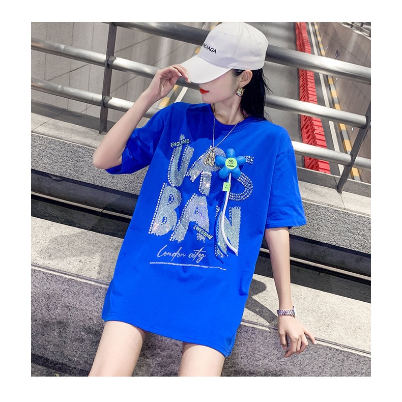 Áo Thun Nữ Ngắn Tay Cổ Tròn Đính Đá Xanh Dương