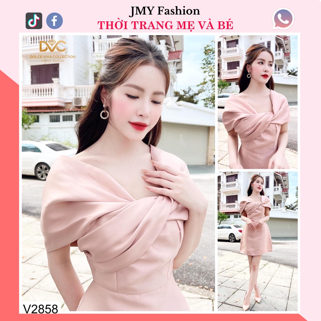 V2858 Váy tafta hồng nude dáng ngắn 2 dây trễ vai sang chảnh - DVC&ACC (Dolce viva colection)