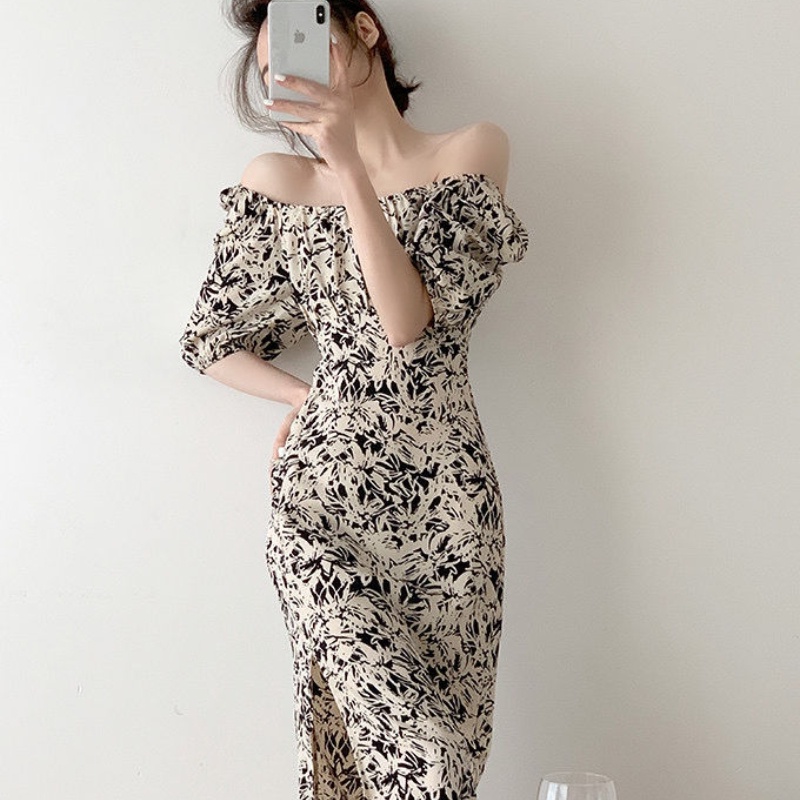 Đầm Trễ Vai Lưng Cao Họa Tiết Chấm Bi Thời Trang Mùa Hè Cho Nữ