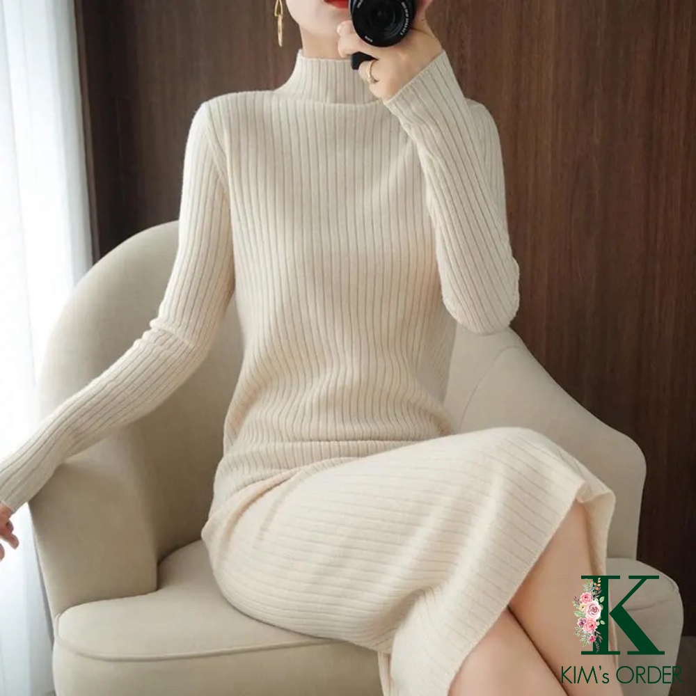 Đầm len suông nữ màu trắng be đen nâu váy len bầu phom rộng dài tay cổ tròn cao 3 phân cổ lọ xu hướng thời trang Hàn