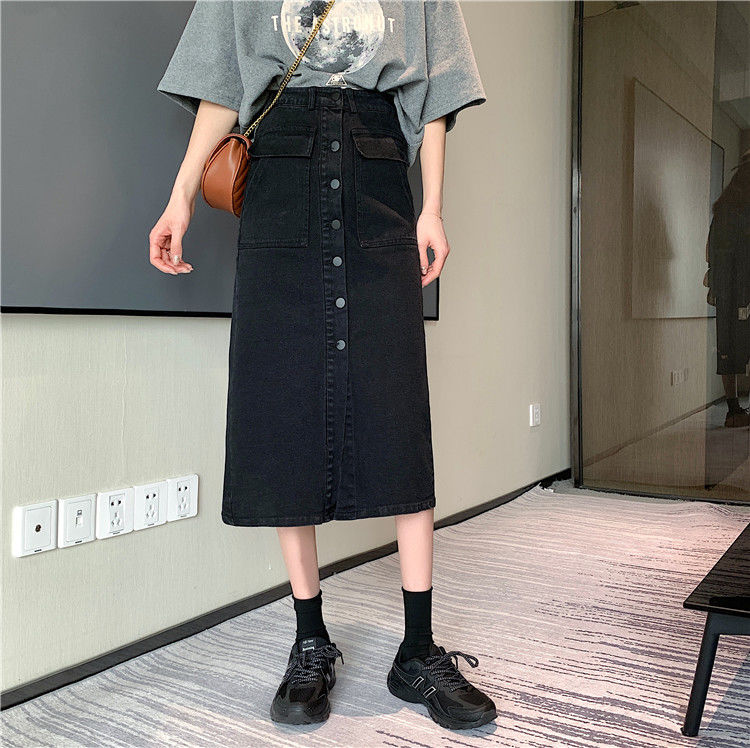 Chân váy jean Dài Dáng Chữ a Lưng Cao Cài Nút Đơn Hàng Nút Phong Cách vintage Thời Trang Xuân Hè Mới