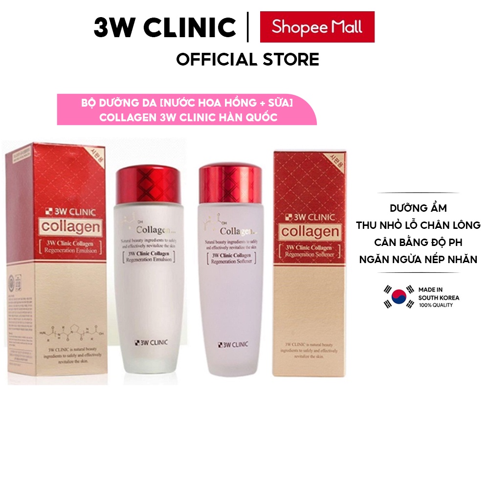Bộ Skincare dưỡng da 3W CLINIC Hàn Quốc chiết xuất từ Collagen săn chắc chống lão hóa da &amp; trắng da [Nước hoa hồng+Sữa]