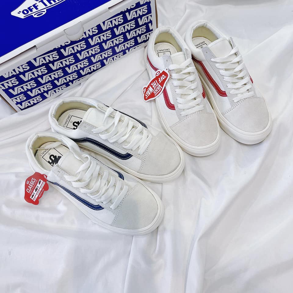 ( Full box) giày Vans style old skool trắng vạch đỏ,trắng vạch đen dễ phối đồ