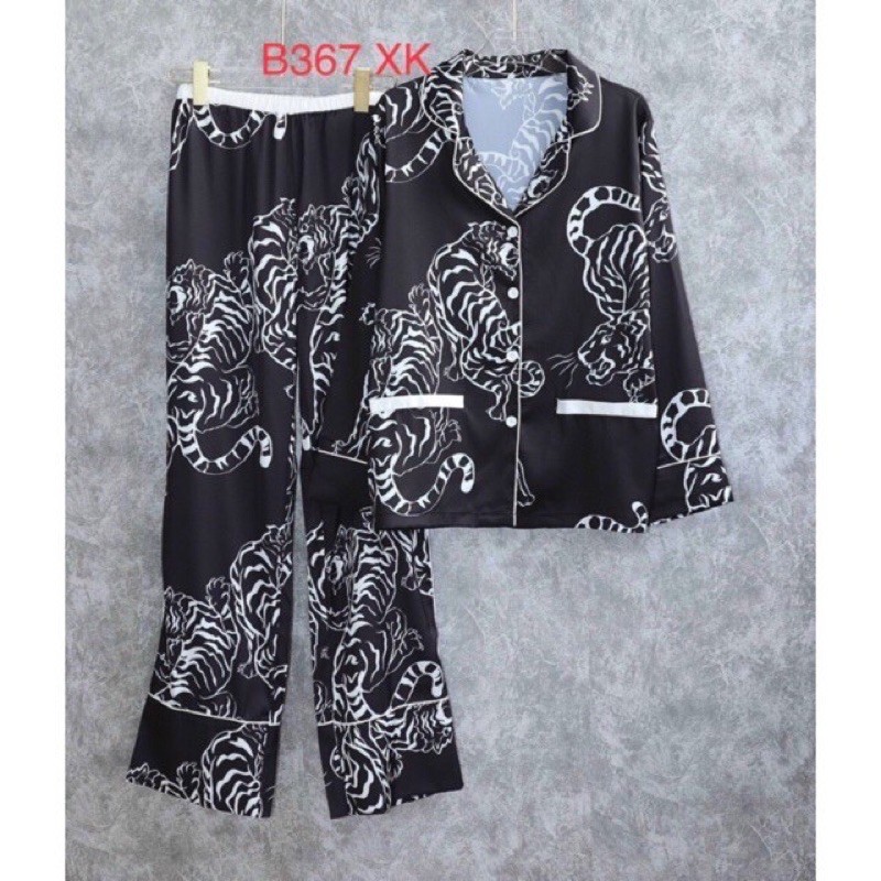 Bộ pijama áo chữ quần dài báo trắng lụa satin cao cấp quảng