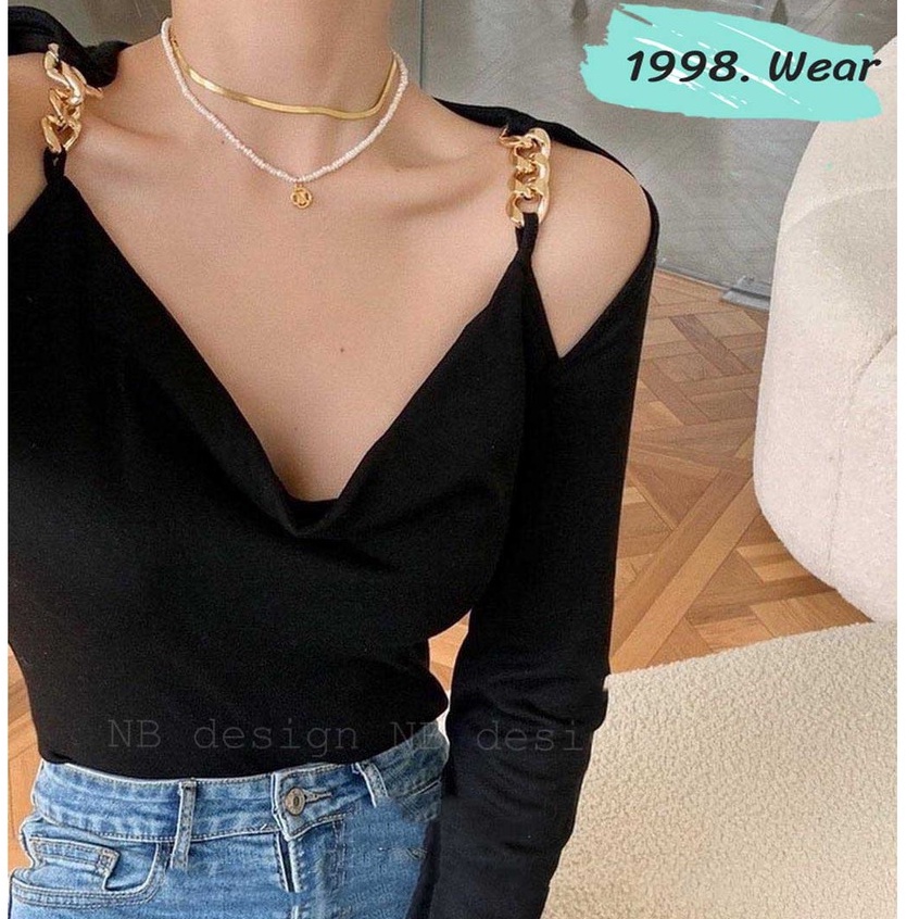 Áo khoét vai tay dài thiết kế phối xích, áo bành béo nữ tay dài thời trang nữ 1998.Wear
