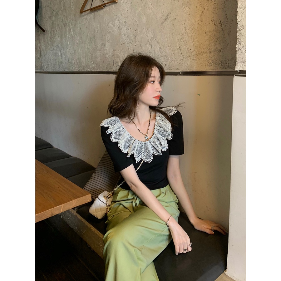 Áo croptop SUXI ngắn tay ôm dáng phối cổ cánh hoa xinh xắn cho nữ