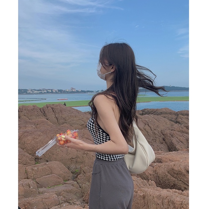 Xiaozhainv Áo Croptop Hai Dây Họa Tiết Sọc Caro Trắng Đen Phong Cách Mùa Hè Năng Động Hợp Thời Trang Dành Cho Nữ