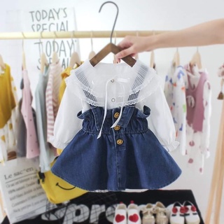 Set bộ váy yếm bò, áo trắng cổ ren