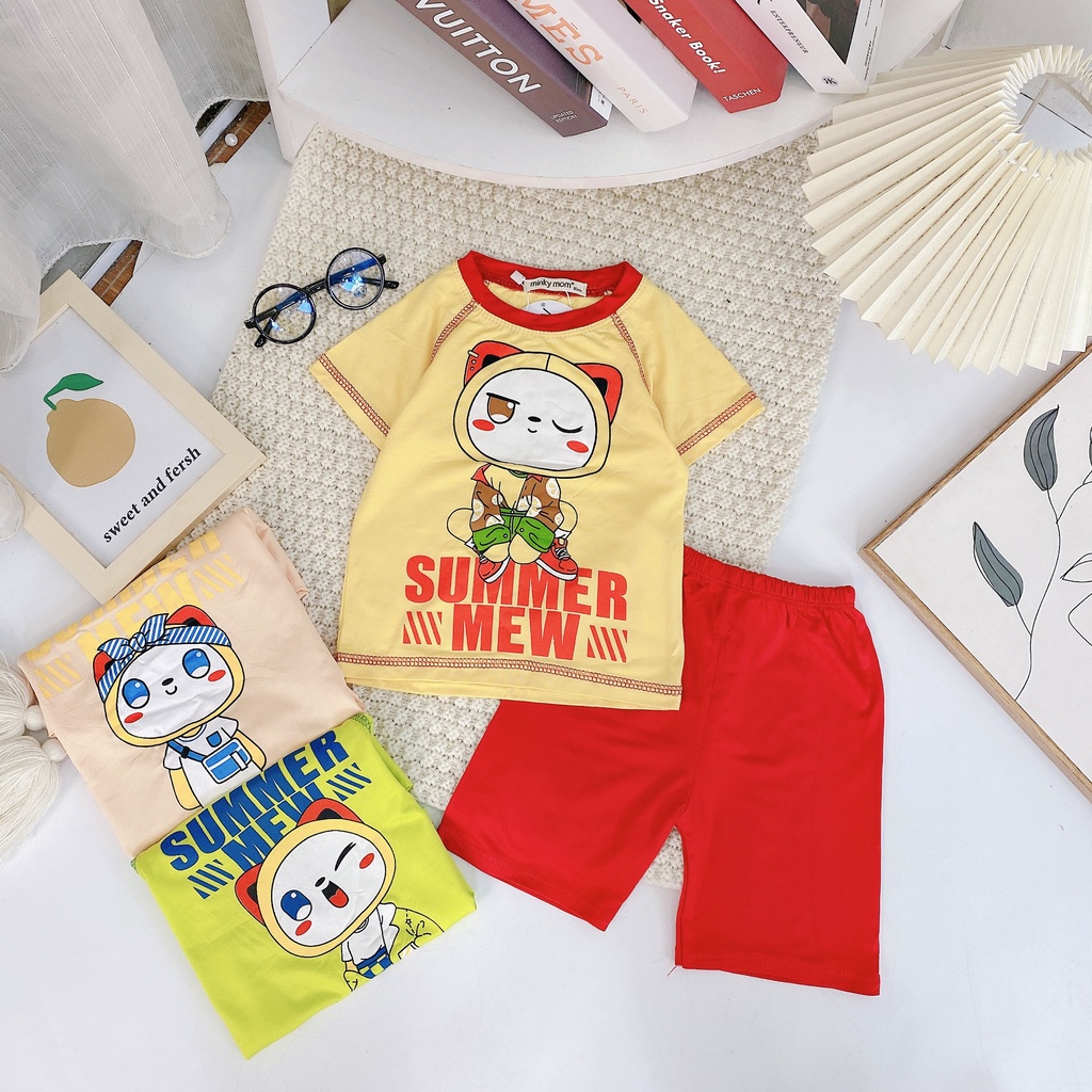 Bộ Cộc Tay Thun Lạnh MinkyMom Cho Bé Trai, Bé Gái In Hình Mèo Cute Phối Viền, Bộ Quần Áo Cho Bé Mặc Nhà - TN4
