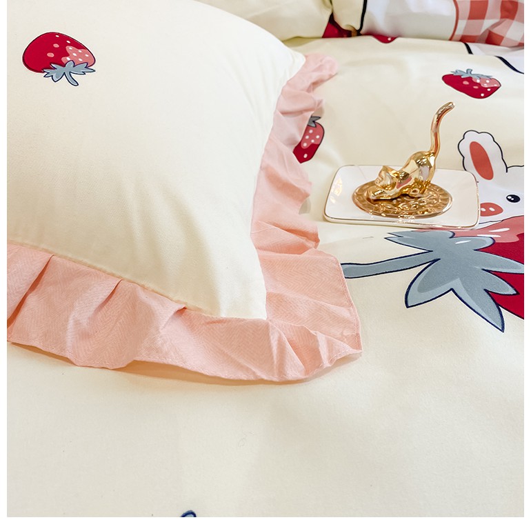 Bộ Chăn Ga Gối Cotton Bèo LIDACO Hoạt Hình 5D - Thỏ Dâu Tây Màu 15