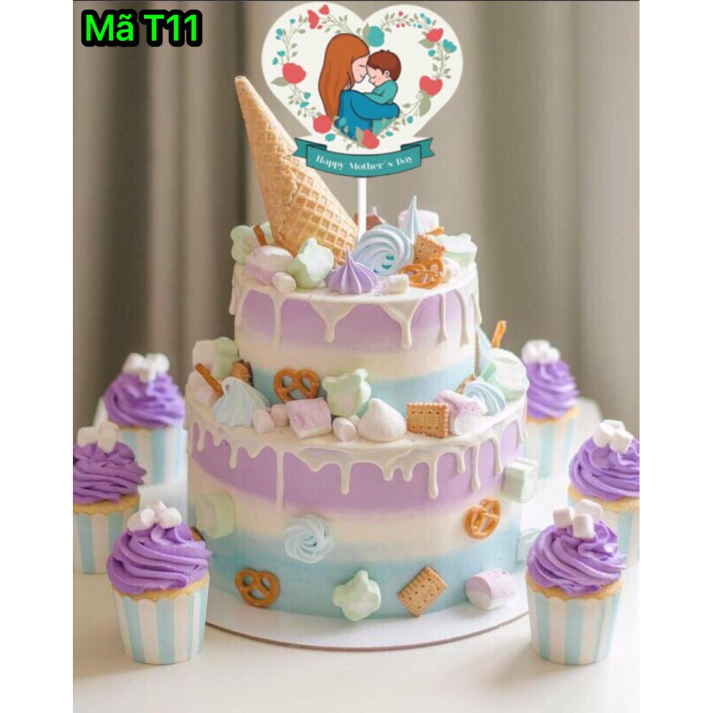 Đồ trang trí bánh sinh nhật, bánh kem - SET 10 THẺ CẮM GIẤY HAPPY MOTHER'S DAY - NGÀY CỦA MẸ mẫu T11