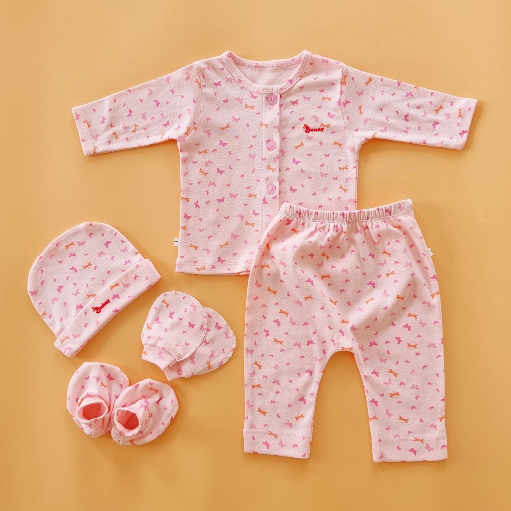 Bộ quần áo sơ sinh dài tay cotton BUNNY 5 chi tiết cho bé 0-3 tháng (Quần - Áo - Mũ - Bao tay - Bao chân) Thị Nắng Store